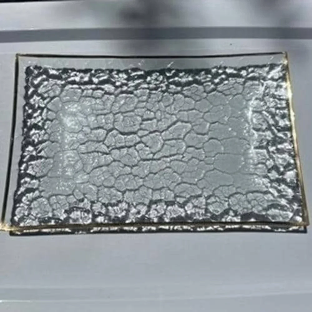 Vtg Textured Ice Glass Rectangular Serving Tray Gold Rim Hammered Clear Tray 13